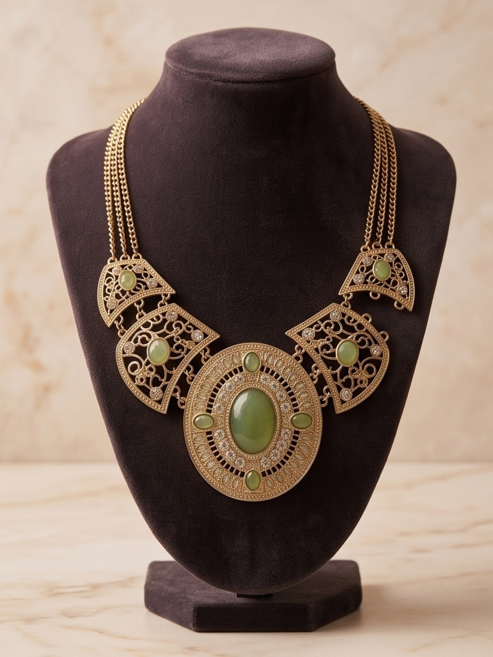 Gold-Tone Statement Necklace with Green Cabochon Accents